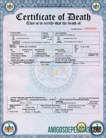 Certidão de Óbito do Commonwealth Memorial Hospital dos EUA exemplo real